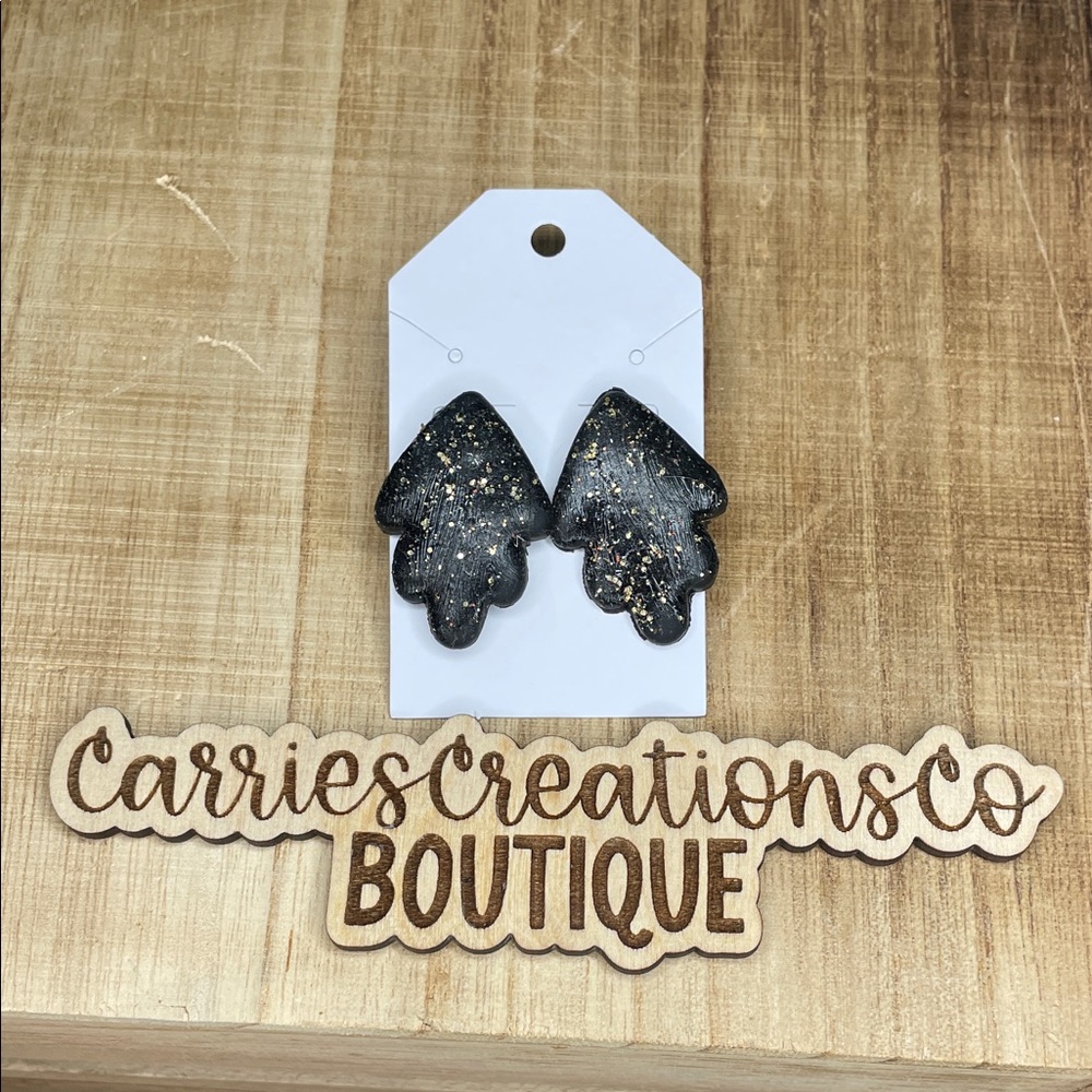 Handcrafted Black and Gold Speckled Leaf Earrings - Carries Creations Co